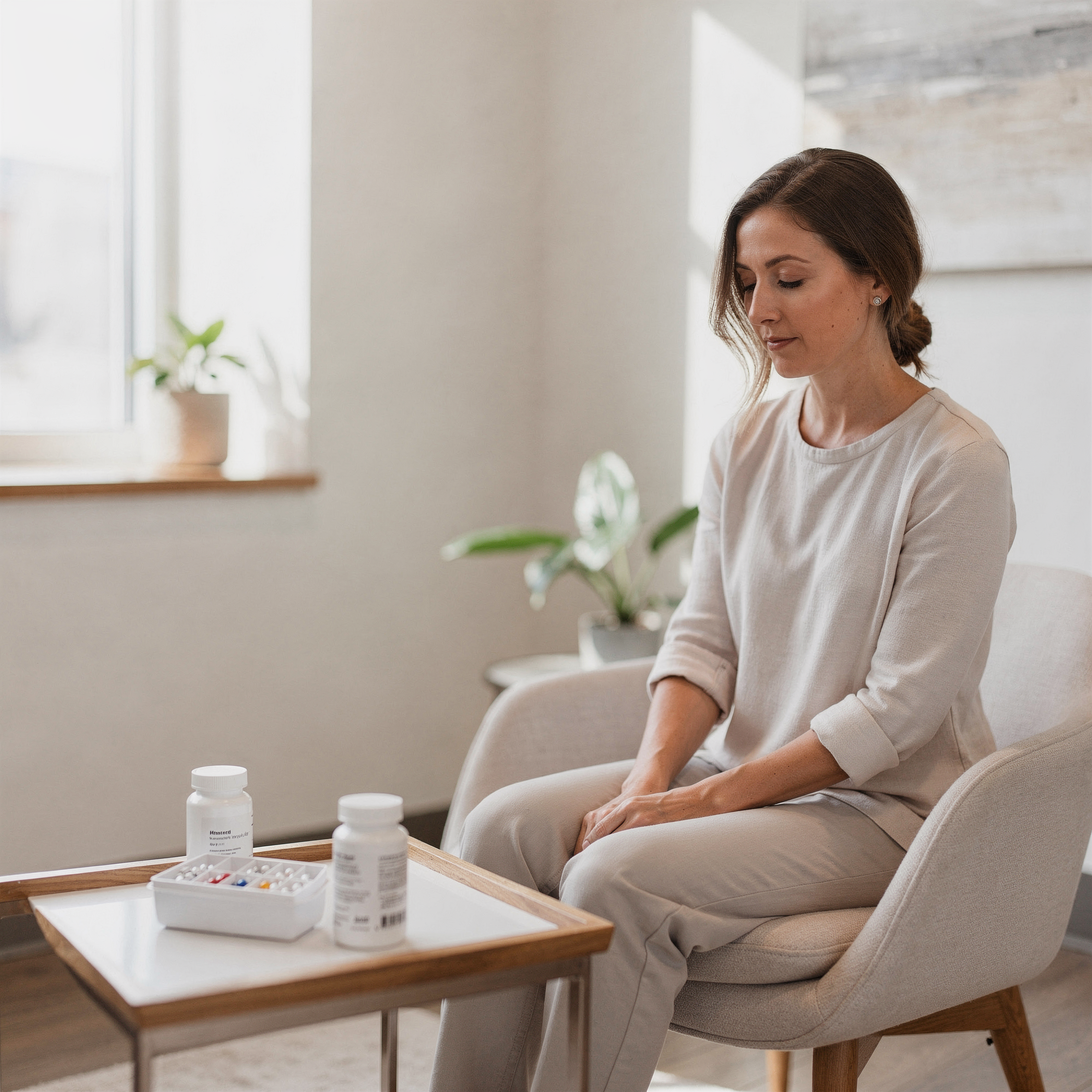 Woman seated in a bright clinic room with medication bottles and a pill organizer on a table in front of her